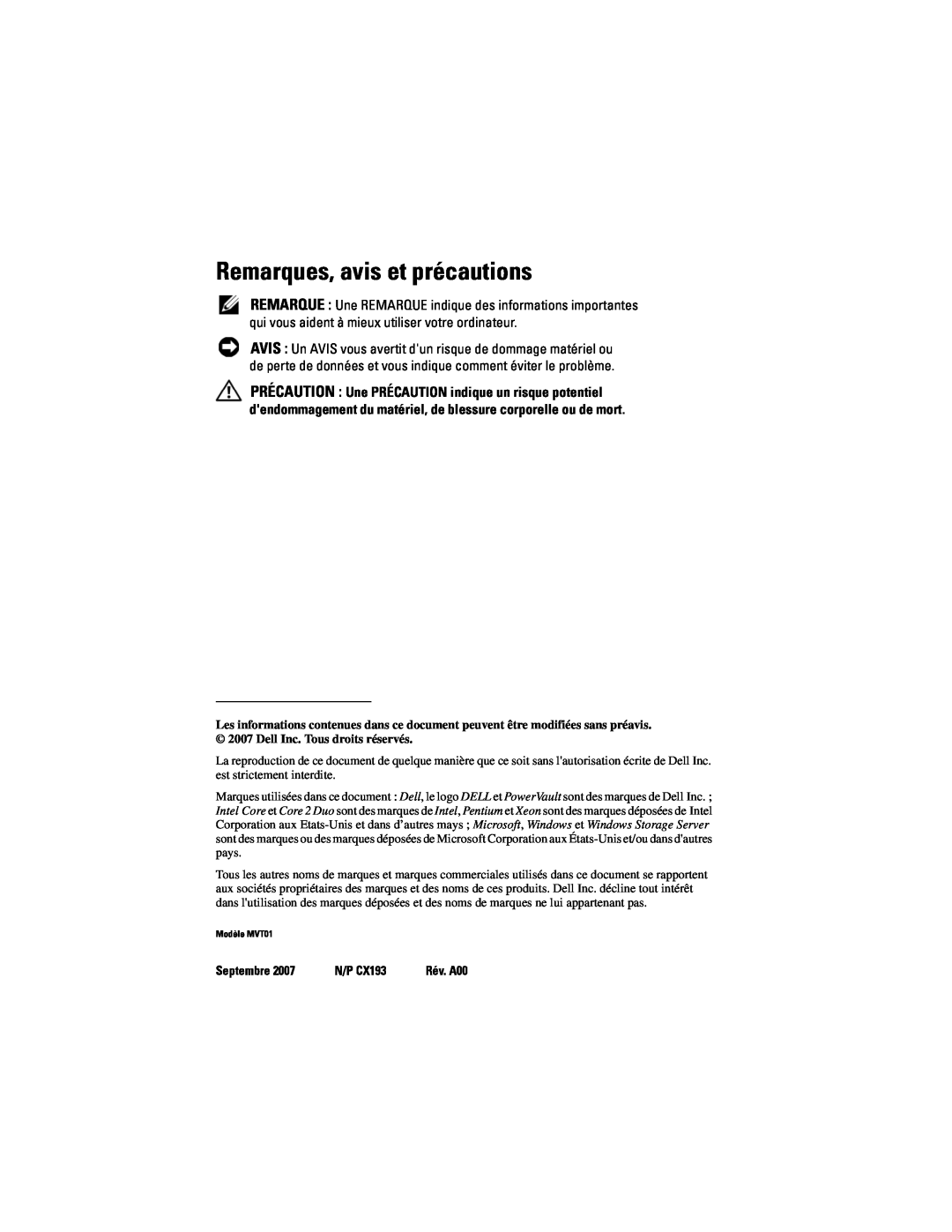 Dell manual Remarques, avis et précautions, Septembre, N/P CX193 