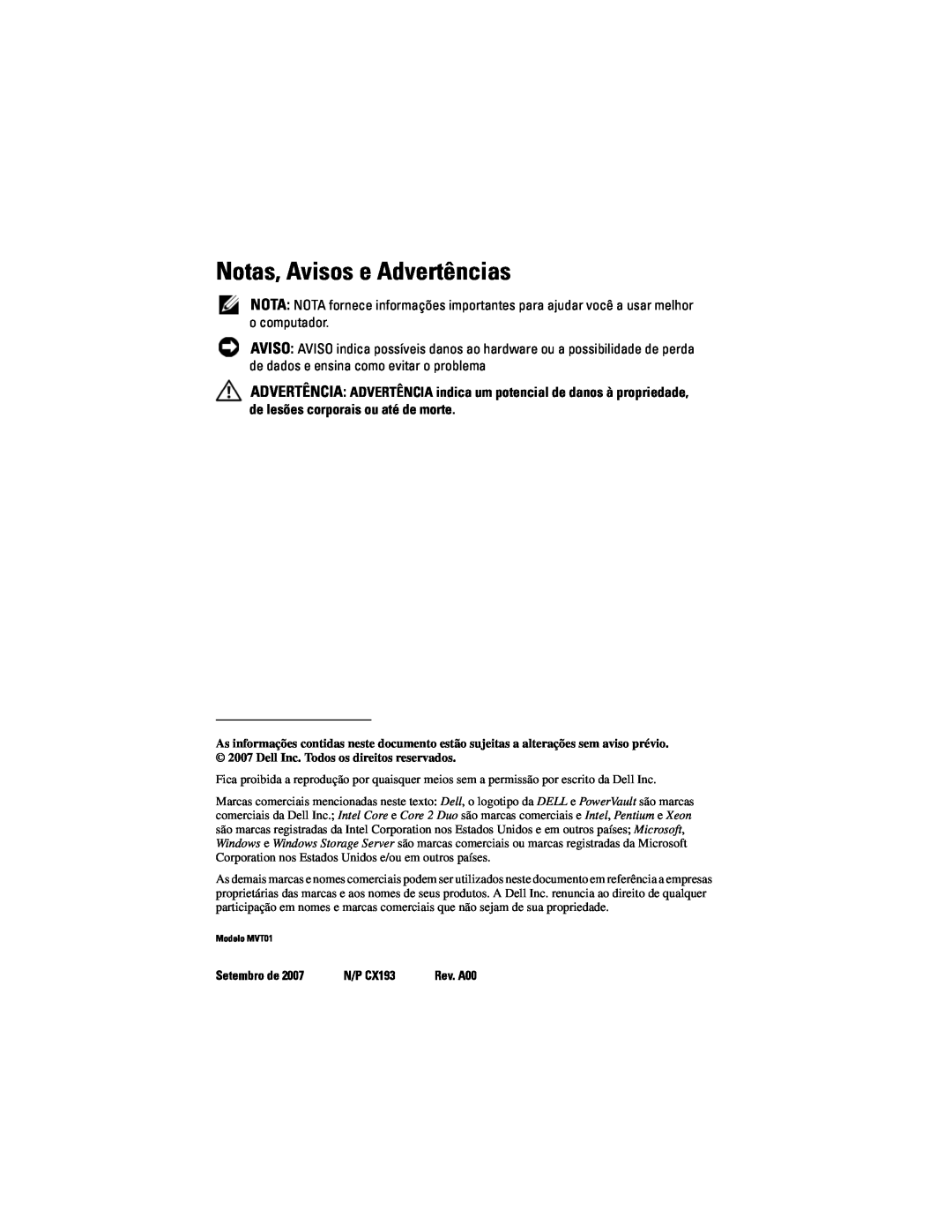 Dell CX193 manual Notas, Avisos e Advertências 