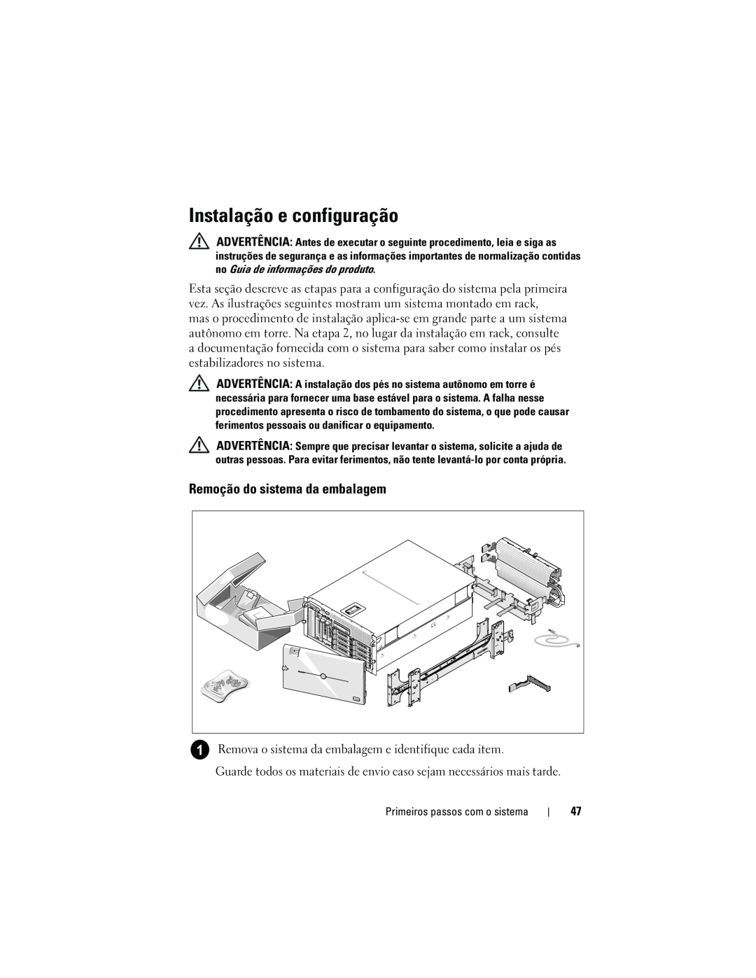 Dell CX193 manual Instalação e configuração, Remoção do sistema da embalagem 