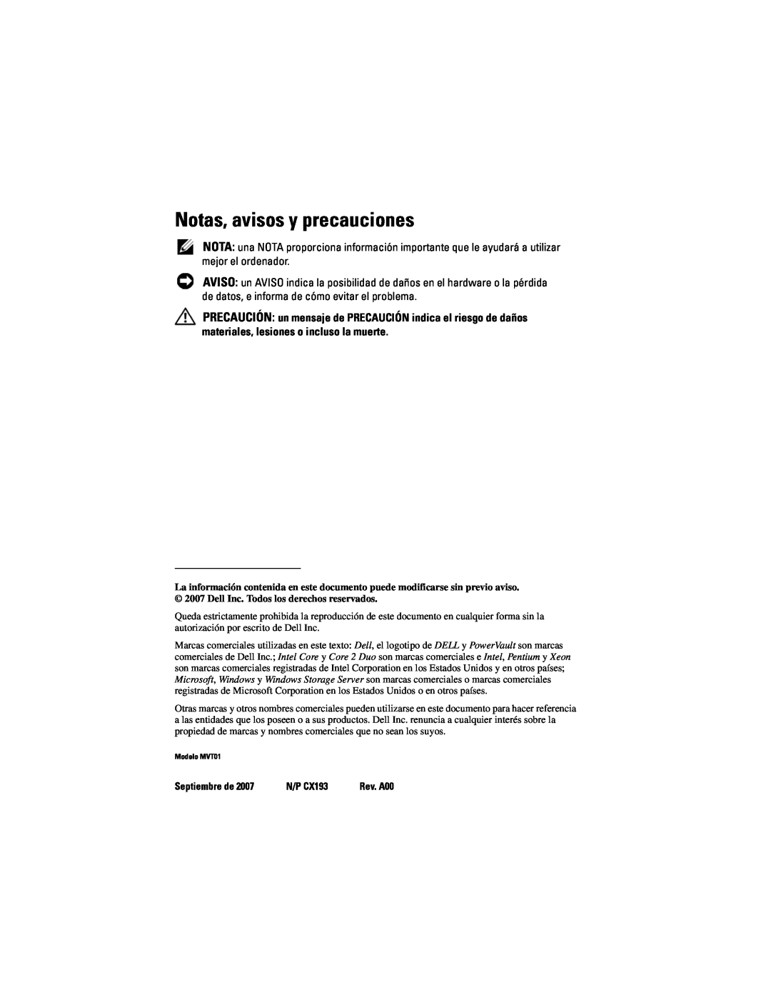 Dell CX193 manual Notas, avisos y precauciones 