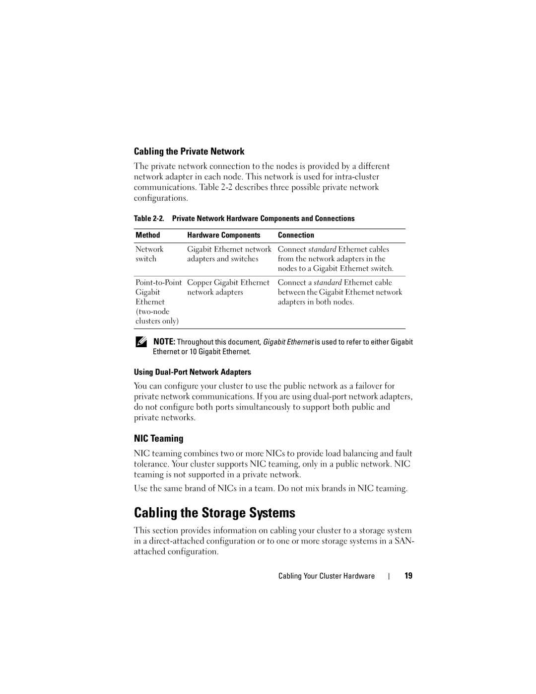 Dell CX4 manual Cabling the Storage Systems, Cabling the Private Network, NIC Teaming, Using Dual-Port Network Adapters 