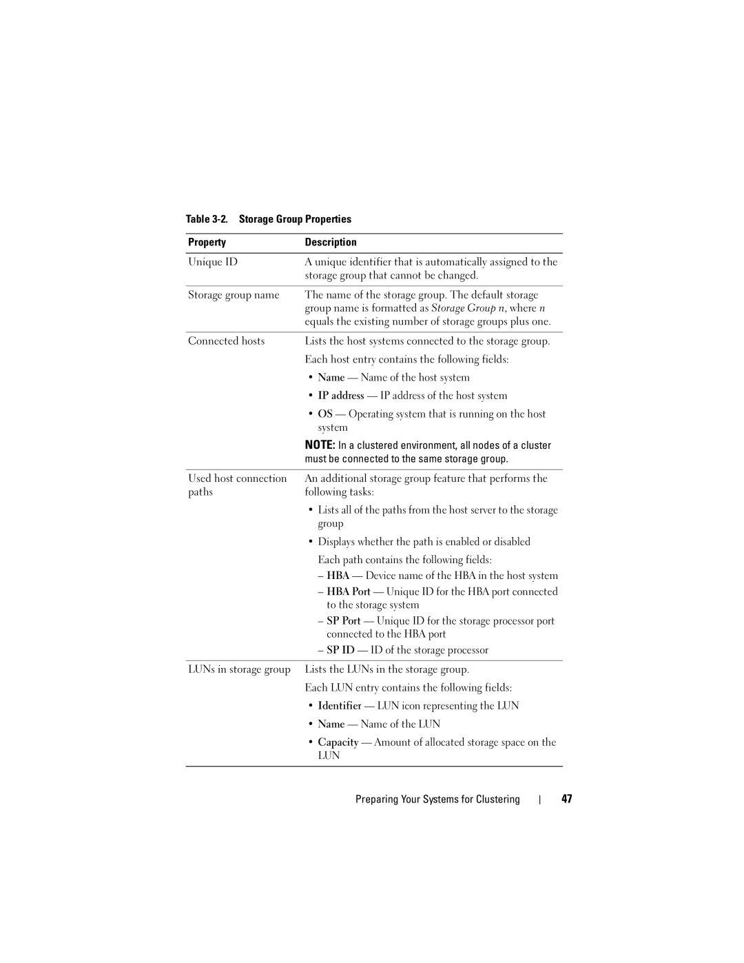 Dell CX4 manual Storage Group Properties Property Description, Name Name of the host system, System, To the storage system 