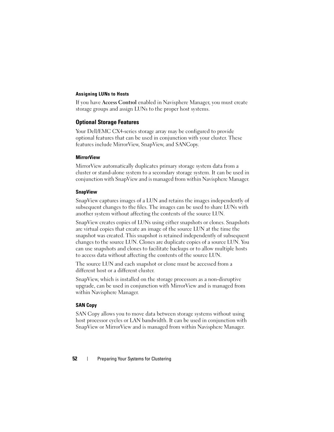 Dell CX4 manual Optional Storage Features, MirrorView, SnapView, SAN Copy, Assigning LUNs to Hosts 