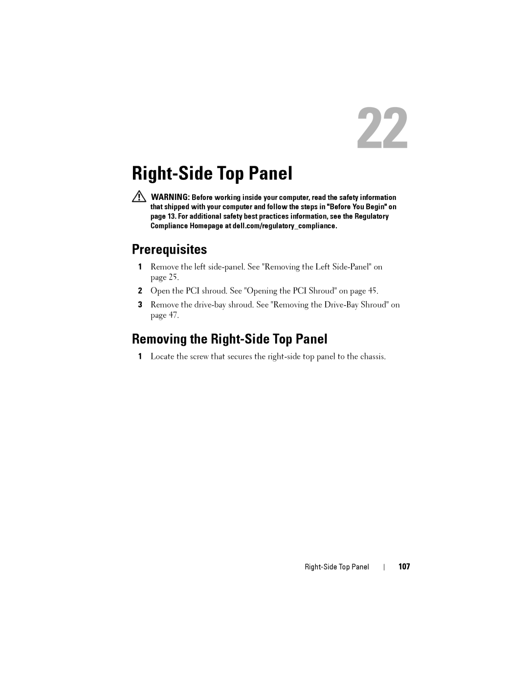 Dell D01M owner manual Removing the Right-Side Top Panel, 107 