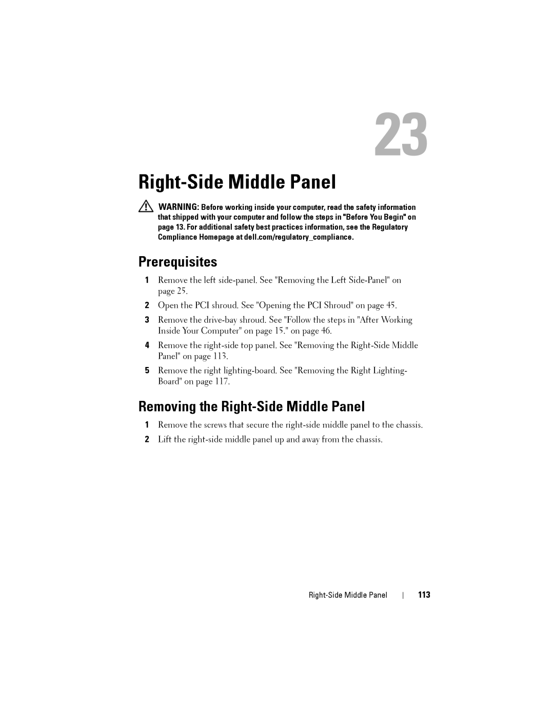 Dell D01M owner manual Removing the Right-Side Middle Panel, 113 