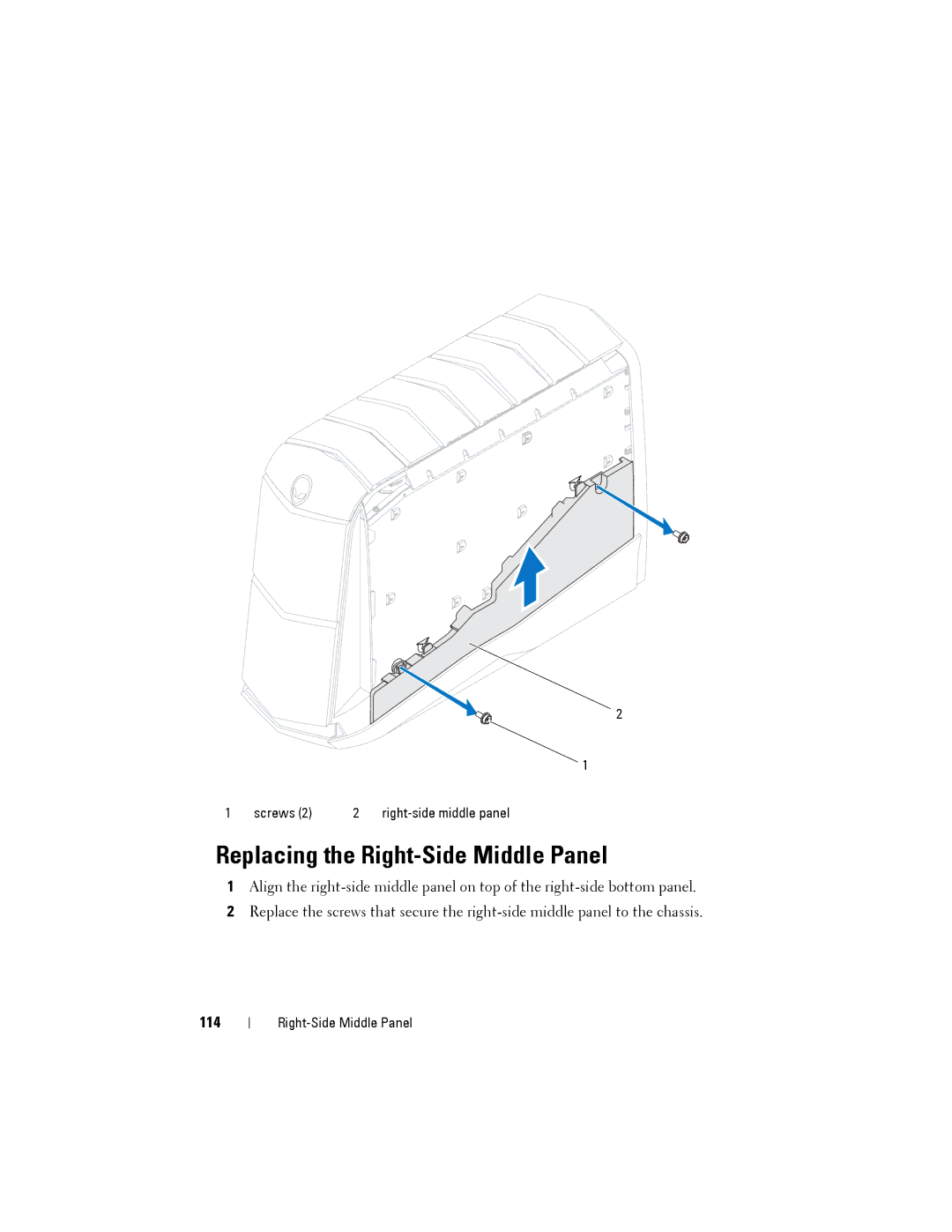 Dell D01M owner manual Replacing the Right-Side Middle Panel, 114 