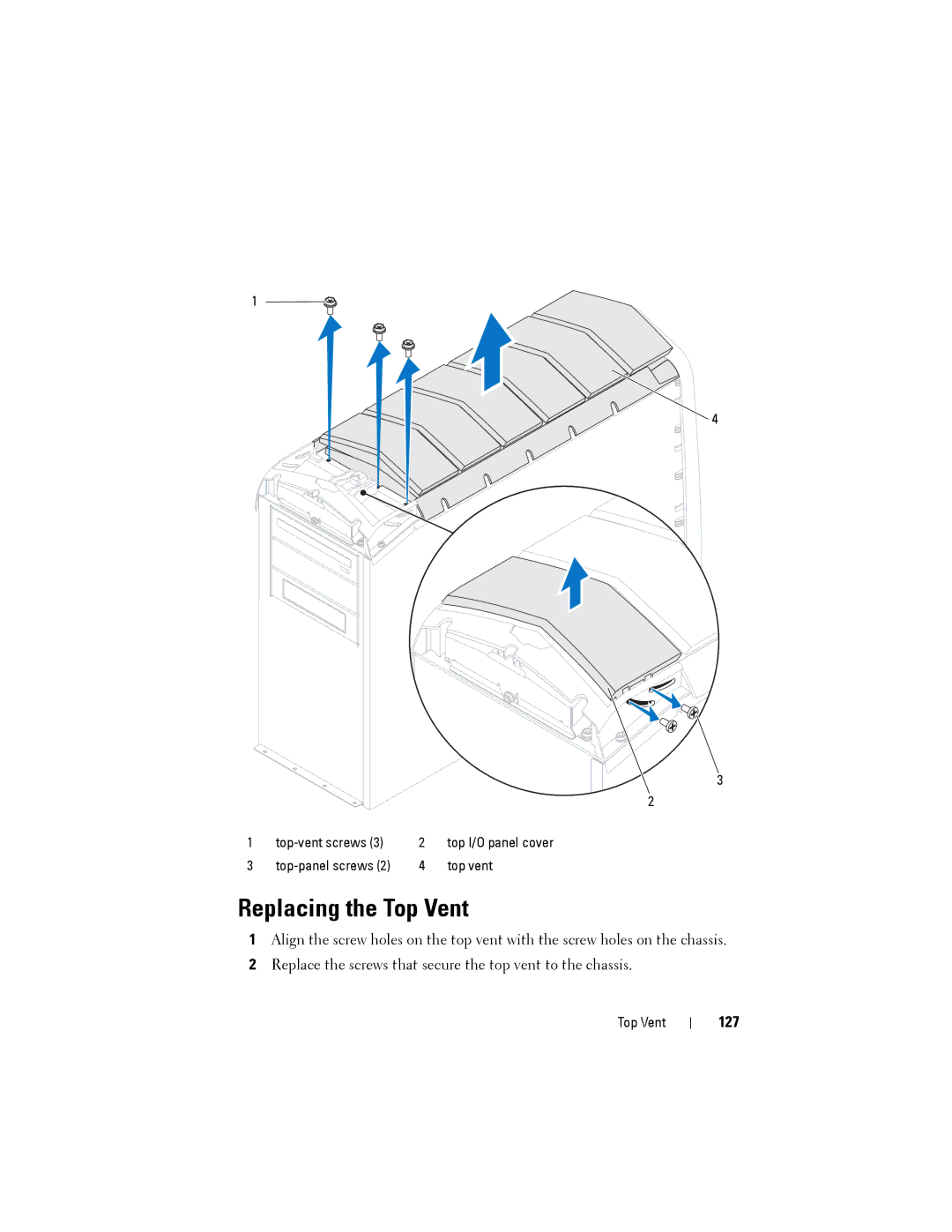 Dell D01M owner manual Replacing the Top Vent, 127 