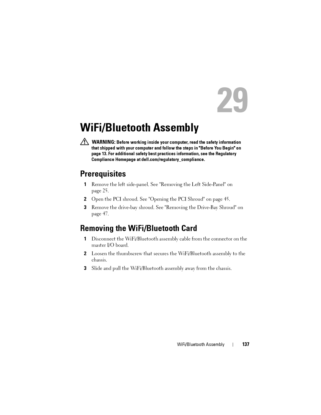 Dell D01M owner manual WiFi/Bluetooth Assembly, Removing the WiFi/Bluetooth Card, 137 