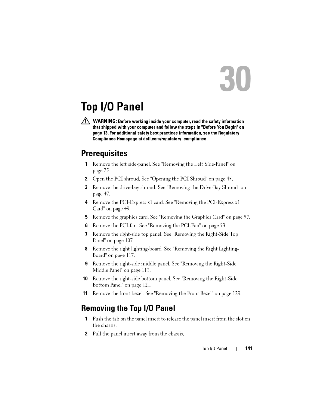 Dell D01M owner manual Removing the Top I/O Panel, 141 