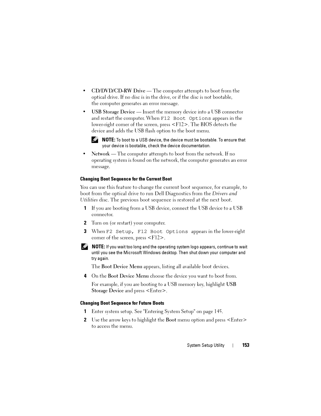 Dell D01M owner manual Changing Boot Sequence for the Current Boot, Changing Boot Sequence for Future Boots, 153 