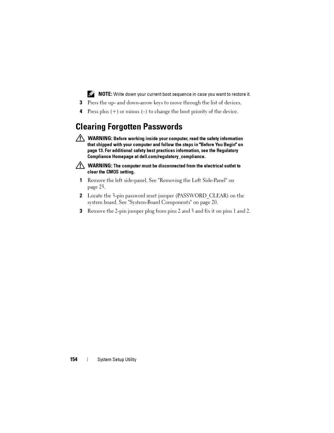 Dell D01M owner manual Clearing Forgotten Passwords, 154 