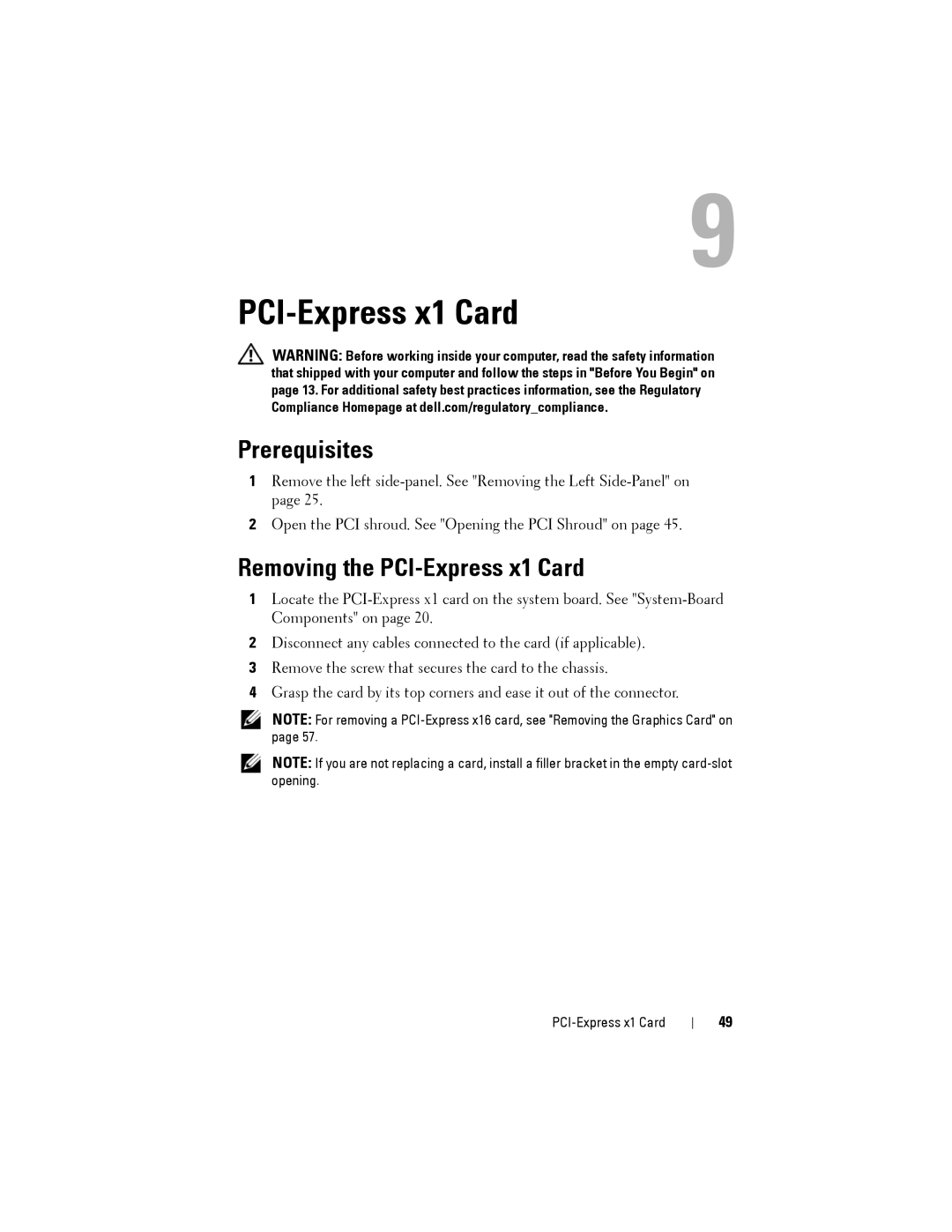 Dell D01M owner manual Removing the PCI-Express x1 Card 