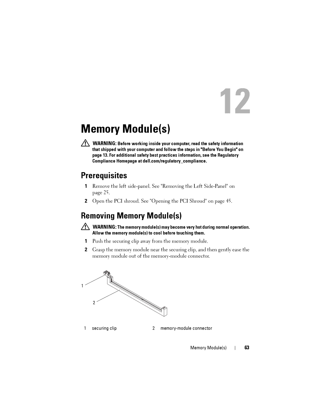 Dell D01M owner manual Removing Memory Modules 