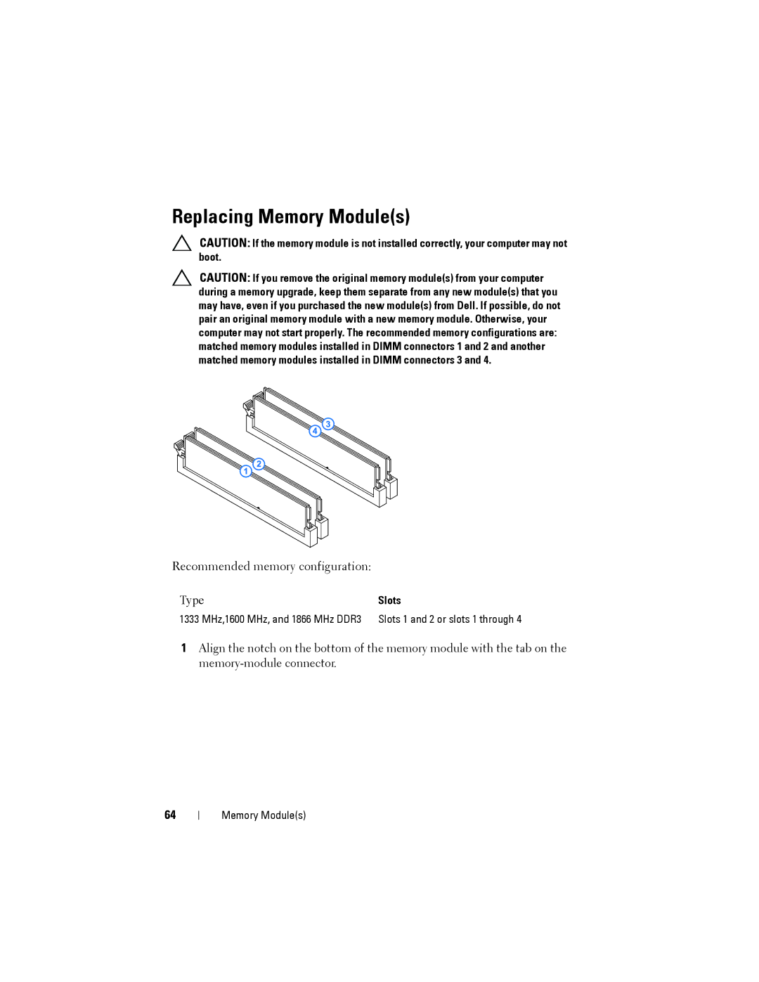 Dell D01M owner manual Replacing Memory Modules 