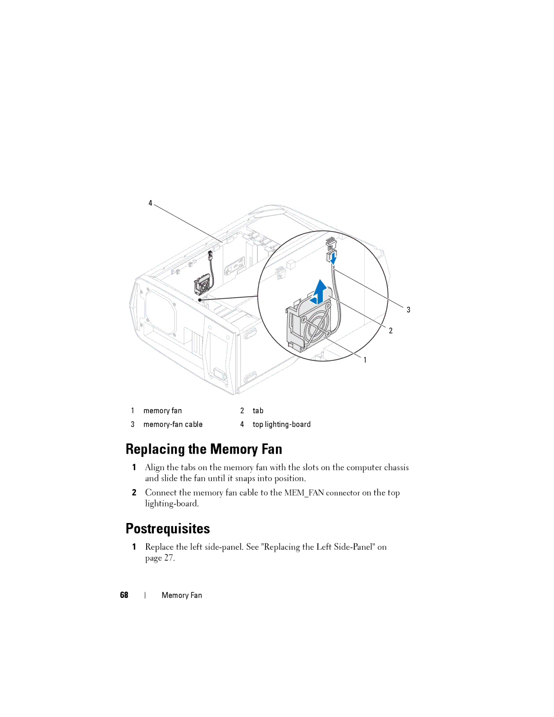 Dell D01M owner manual Replacing the Memory Fan 