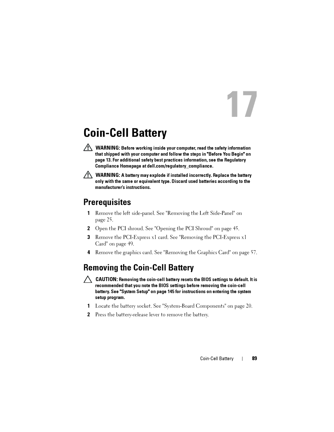 Dell D01M owner manual Removing the Coin-Cell Battery 