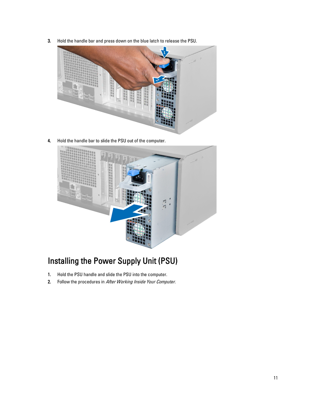 Dell D01T owner manual Installing the Power Supply Unit PSU 