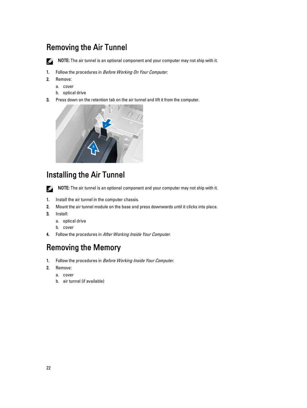 Dell D01T owner manual Removing the Air Tunnel, Installing the Air Tunnel, Removing the Memory 