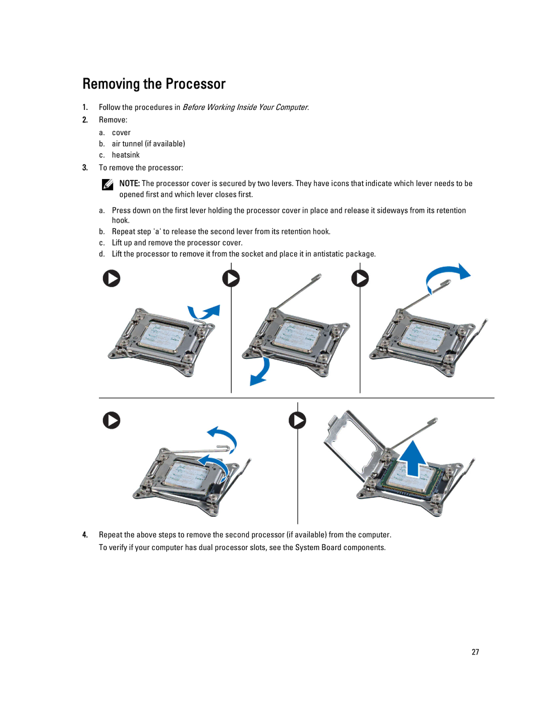 Dell D01T owner manual Removing the Processor 