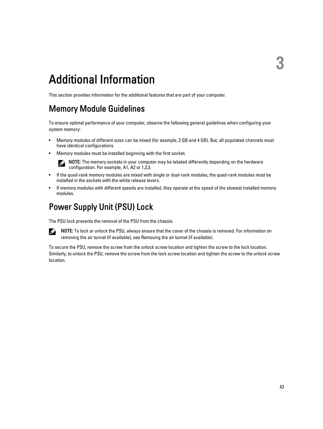 Dell D01T owner manual Additional Information, Memory Module Guidelines, Power Supply Unit PSU Lock 