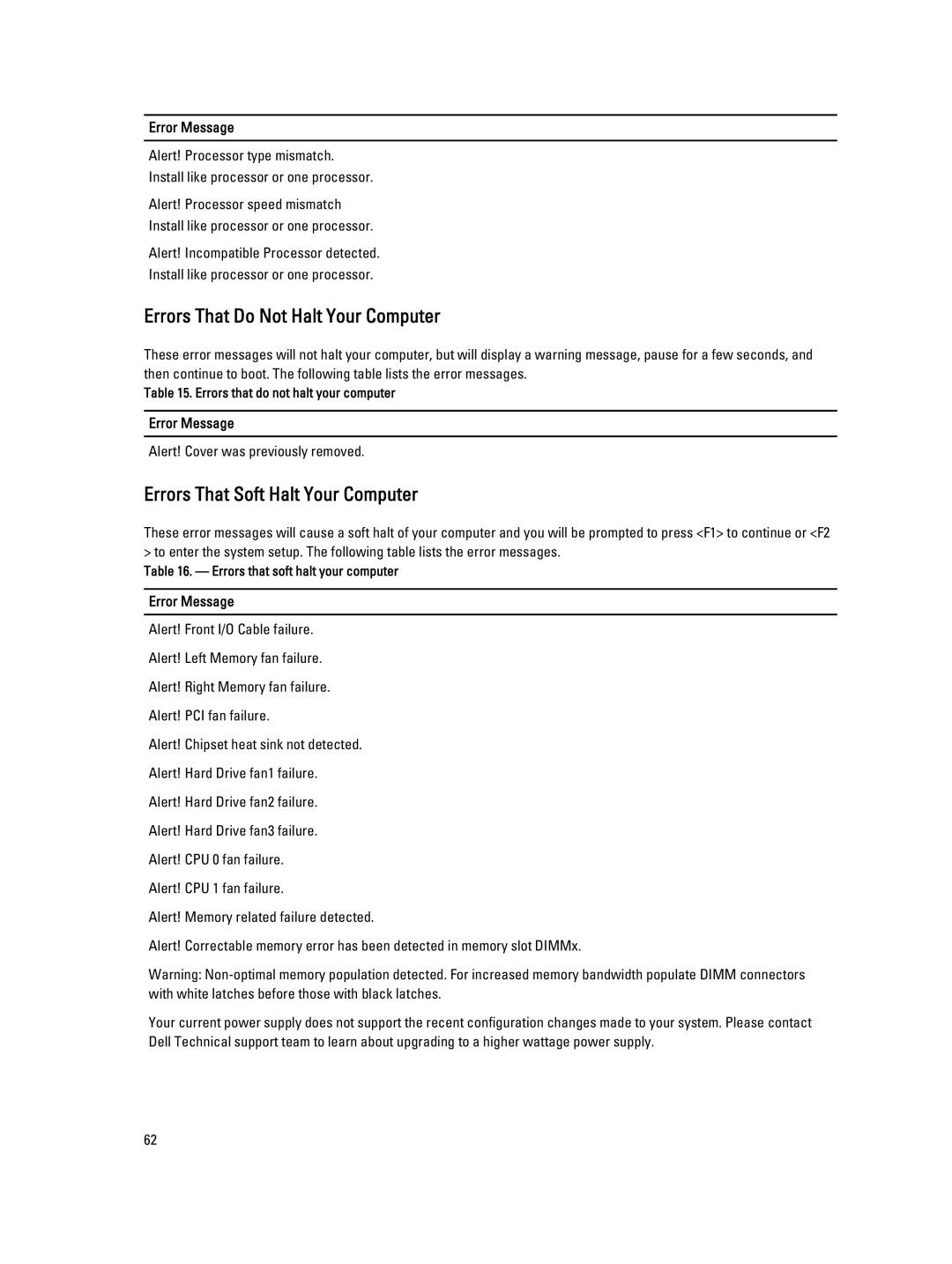 Dell D01T owner manual Errors That Do Not Halt Your Computer 