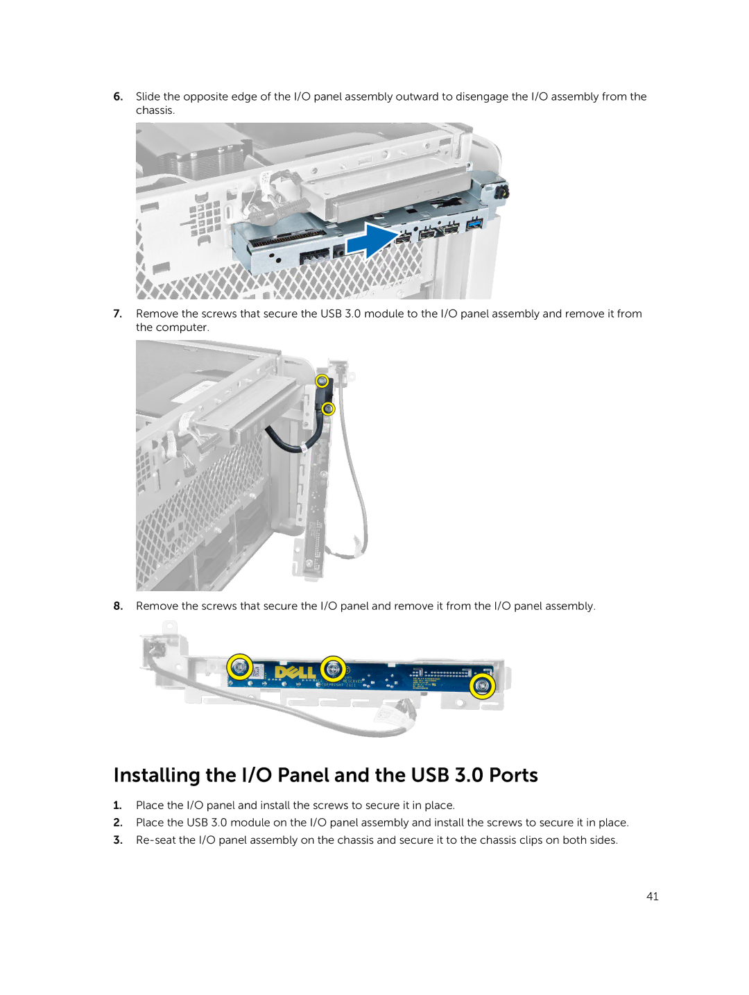 Dell D02X owner manual Installing the I/O Panel and the USB 3.0 Ports 