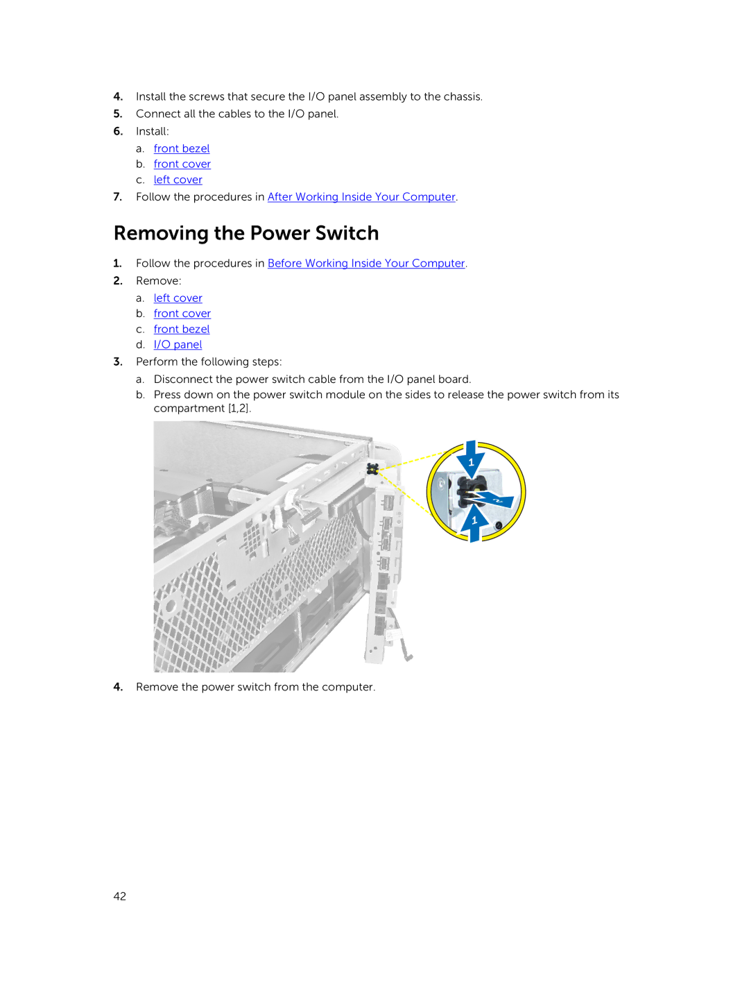 Dell D02X owner manual Removing the Power Switch, Left cover Front cover Front bezel O panel 