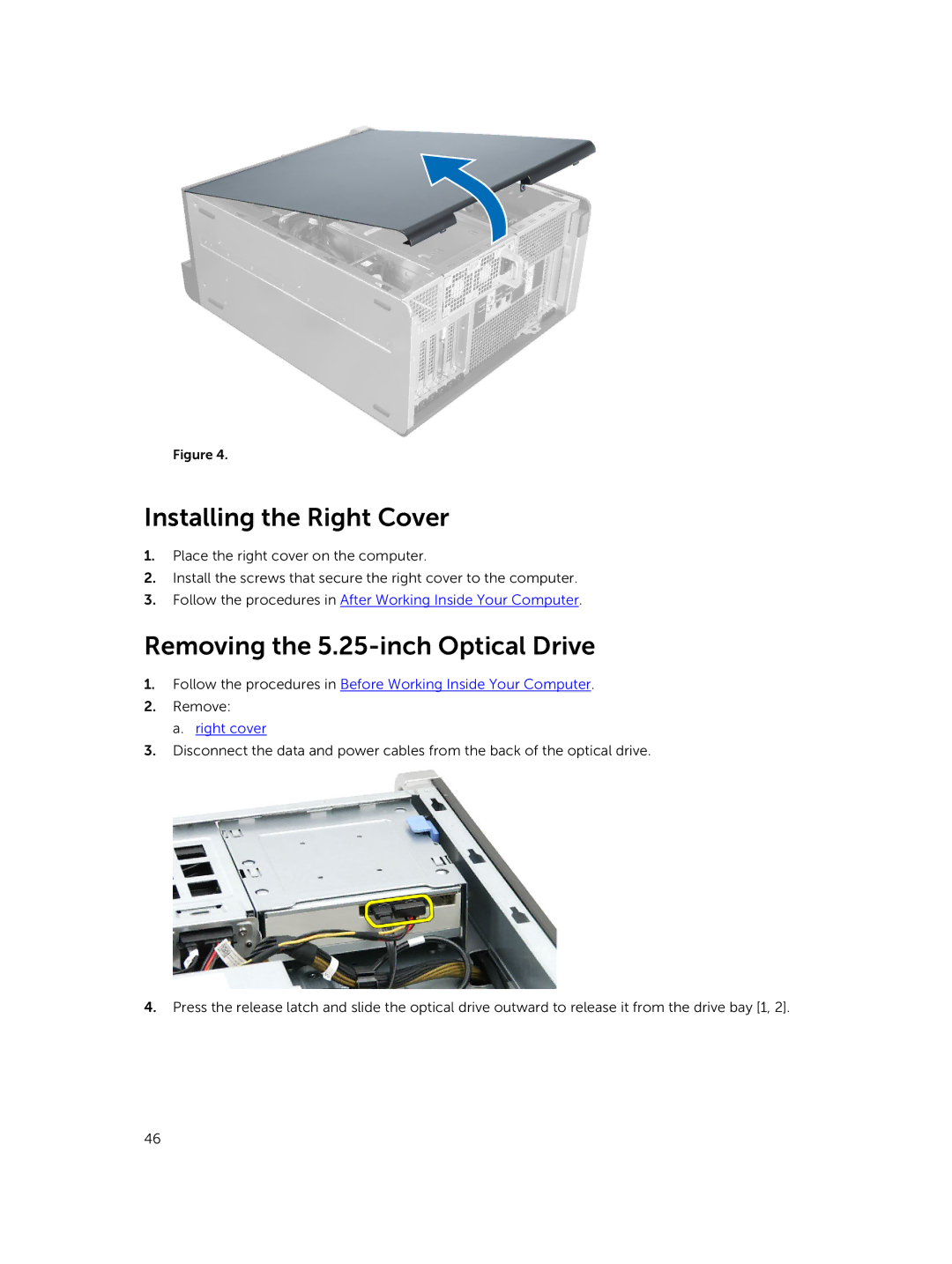 Dell D02X owner manual Installing the Right Cover, Removing the 5.25-inch Optical Drive, Right cover 