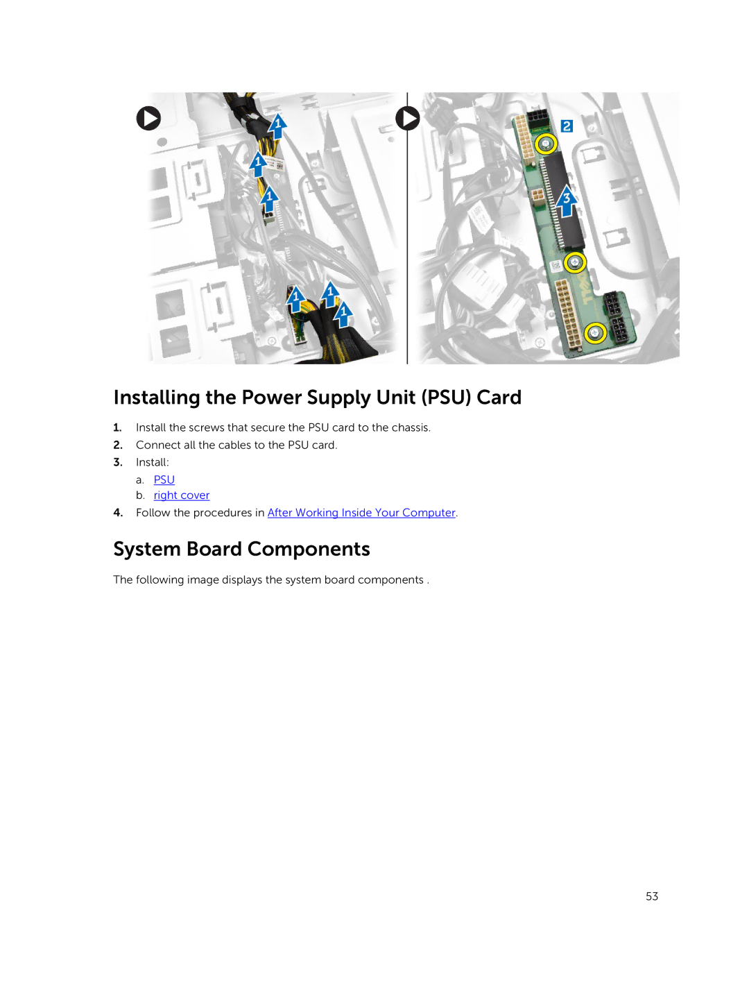 Dell D02X owner manual Installing the Power Supply Unit PSU Card, System Board Components 