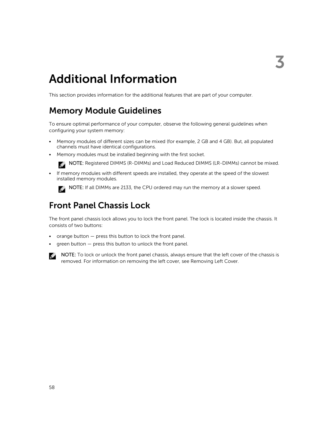 Dell D02X owner manual Memory Module Guidelines, Front Panel Chassis Lock 