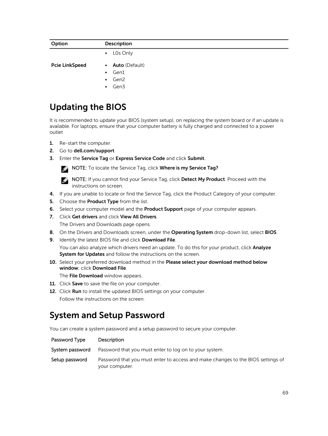 Dell D02X owner manual Updating the Bios, System and Setup Password 