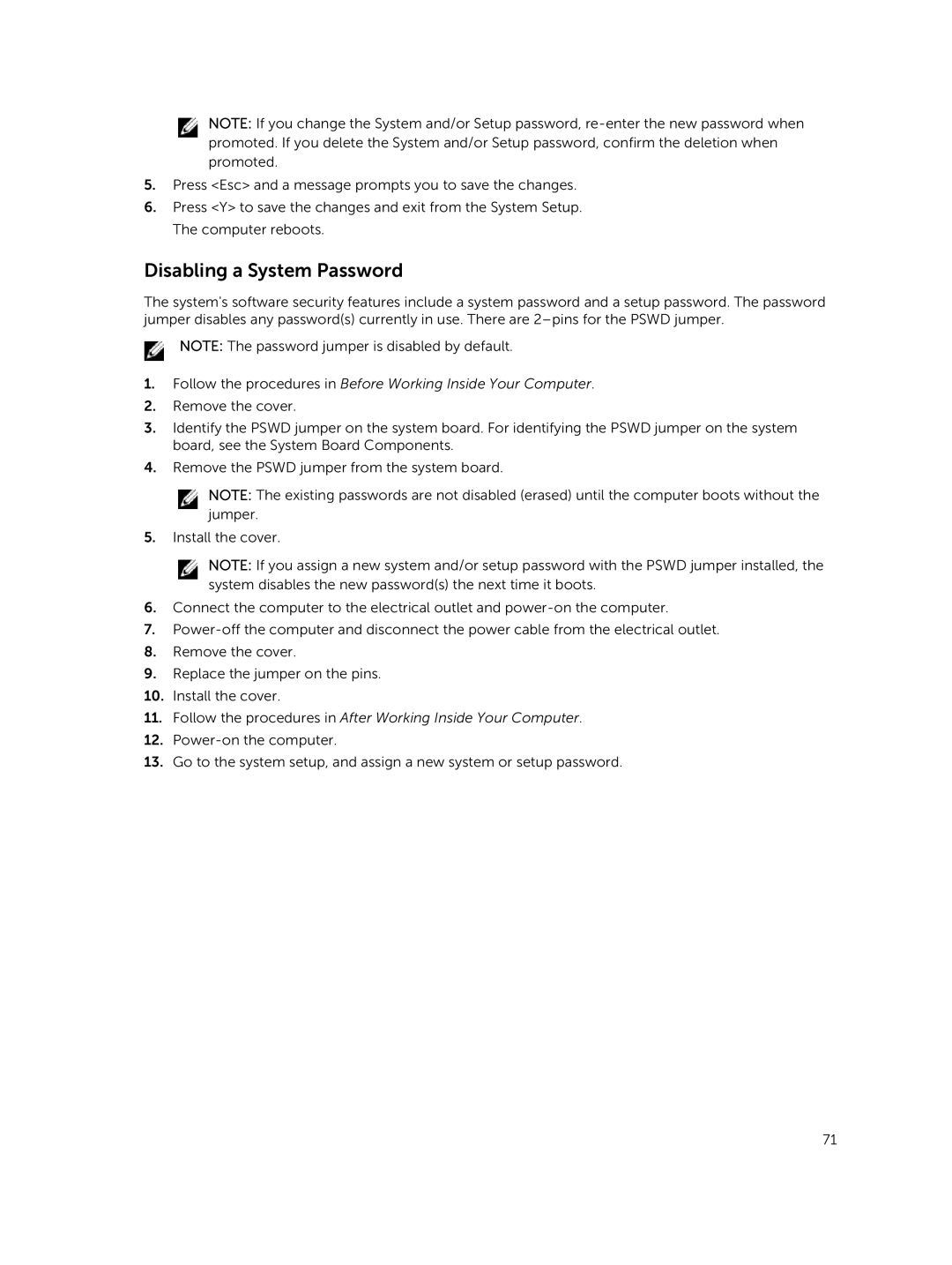 Dell D02X owner manual Disabling a System Password 