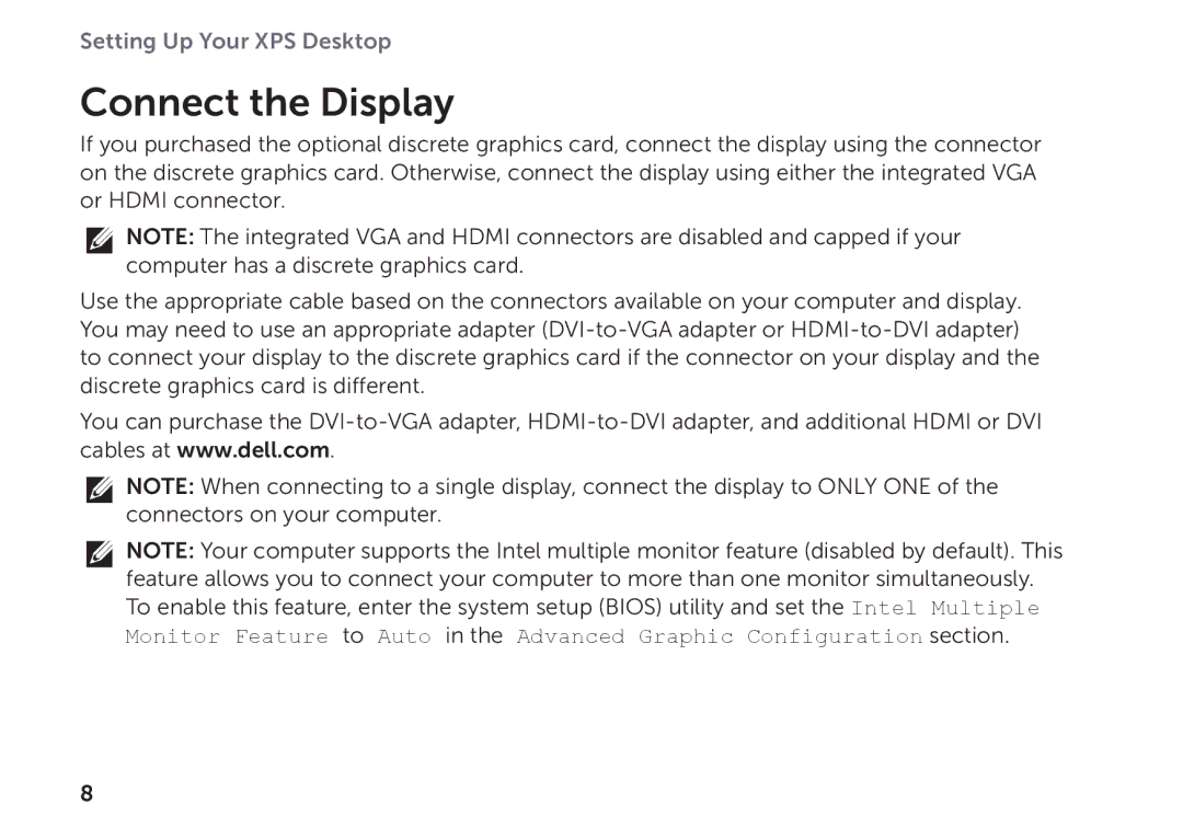 Dell D03M setup guide Connect the Display 