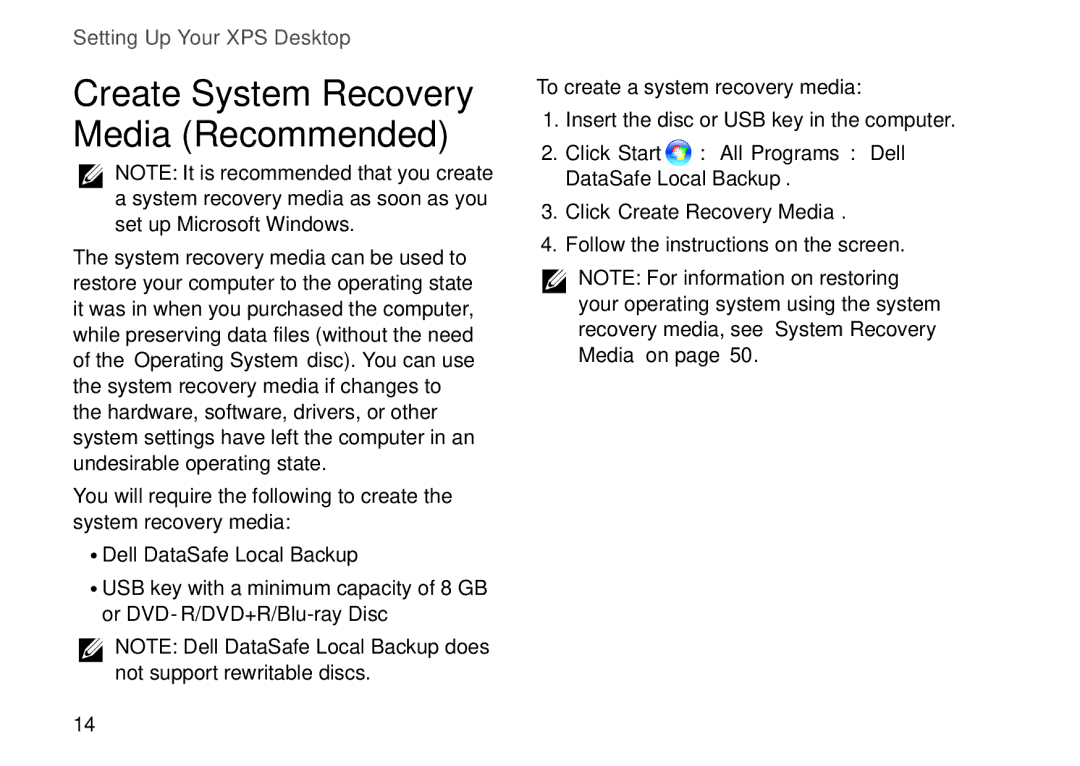 Dell D03M setup guide Create System Recovery Media Recommended 