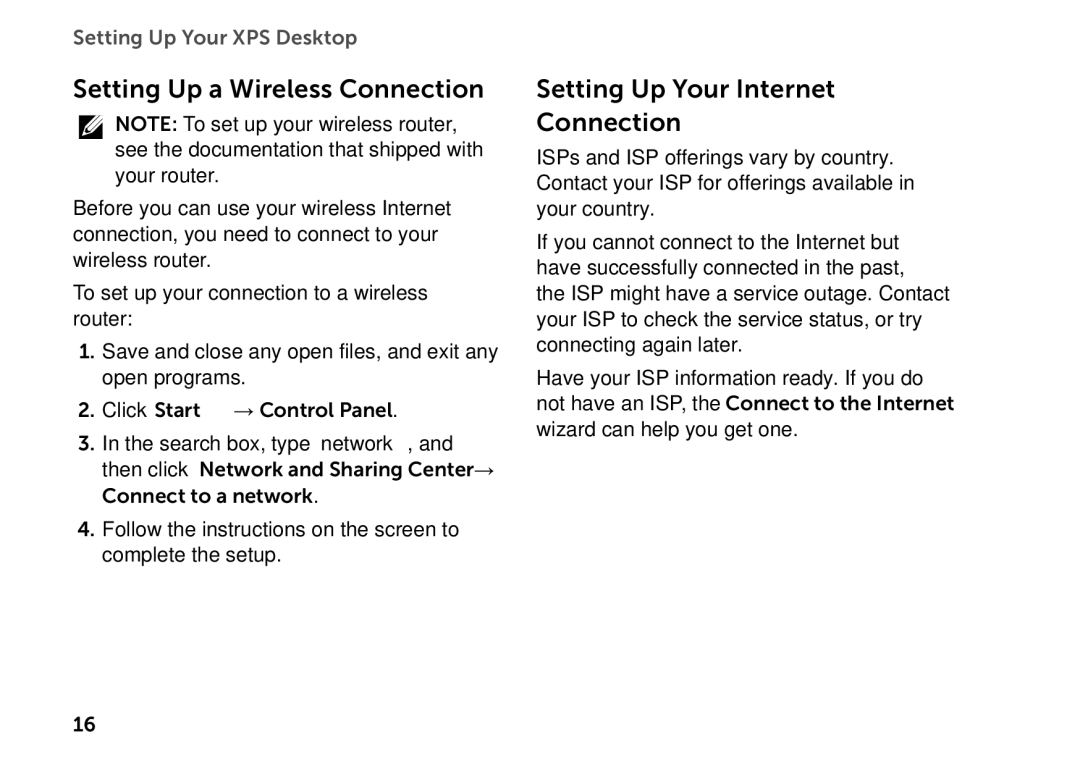 Dell D03M setup guide Setting Up a Wireless Connection, Setting Up Your Internet Connection 