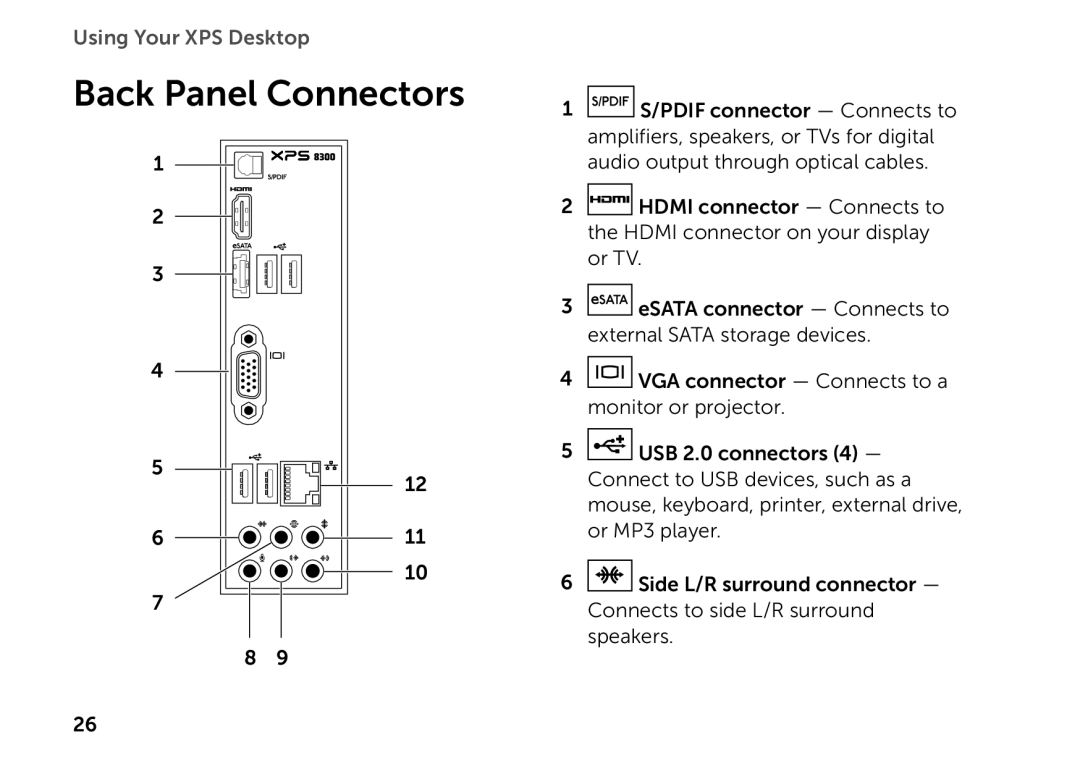 Dell D03M setup guide Back Panel Connectors 