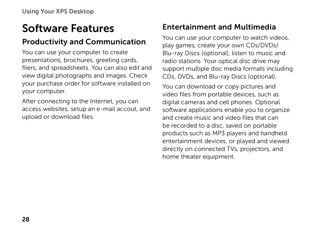 Dell D03M setup guide Software Features, Productivity and Communication, Entertainment and Multimedia 