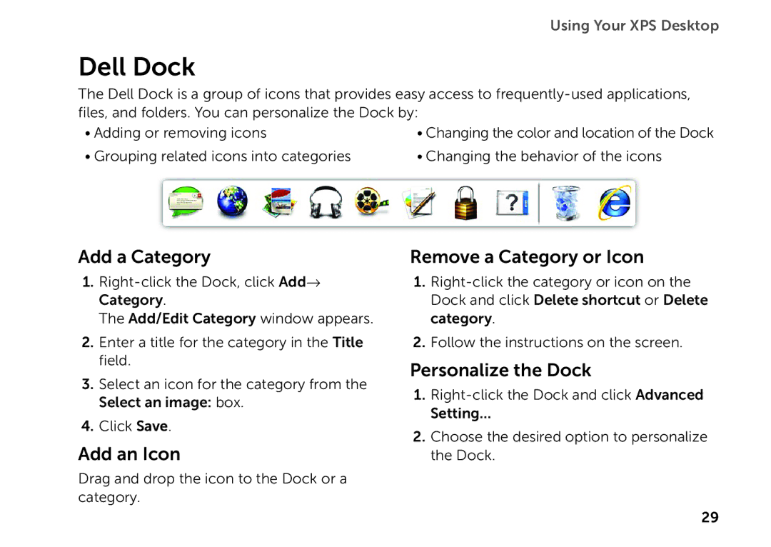 Dell D03M setup guide Dell Dock, Add a Category, Add an Icon, Remove a Category or Icon, Personalize the Dock 