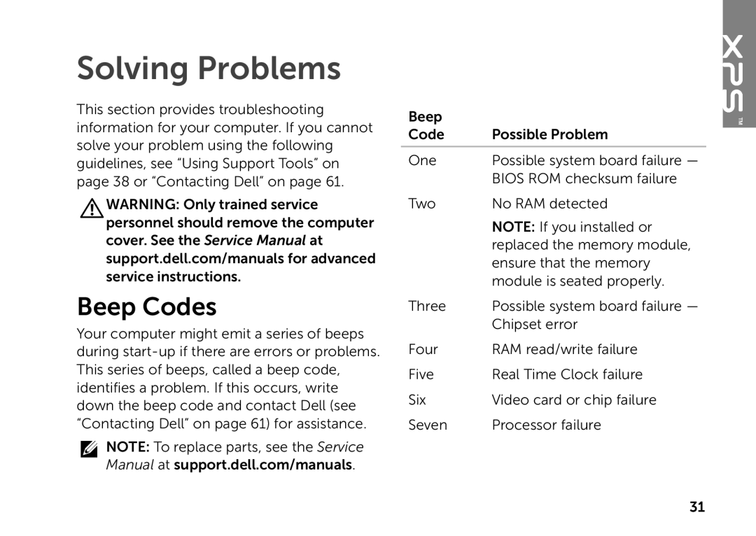 Dell D03M setup guide Solving Problems, Beep Codes 