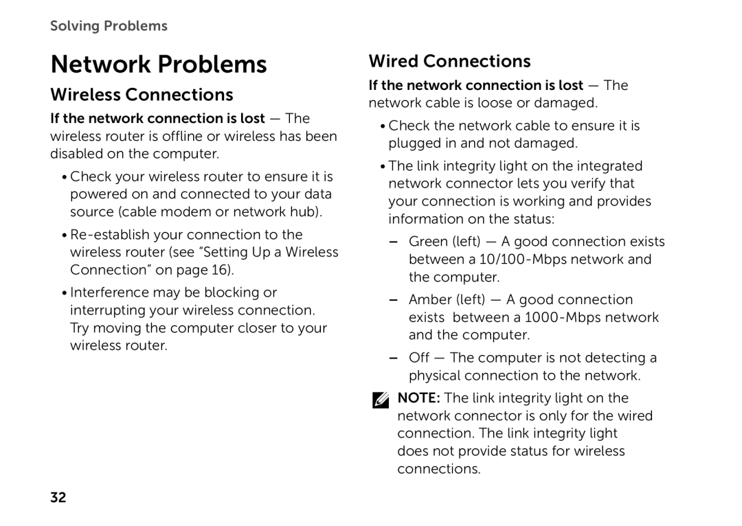 Dell D03M setup guide Network Problems, Wireless Connections, Wired Connections 