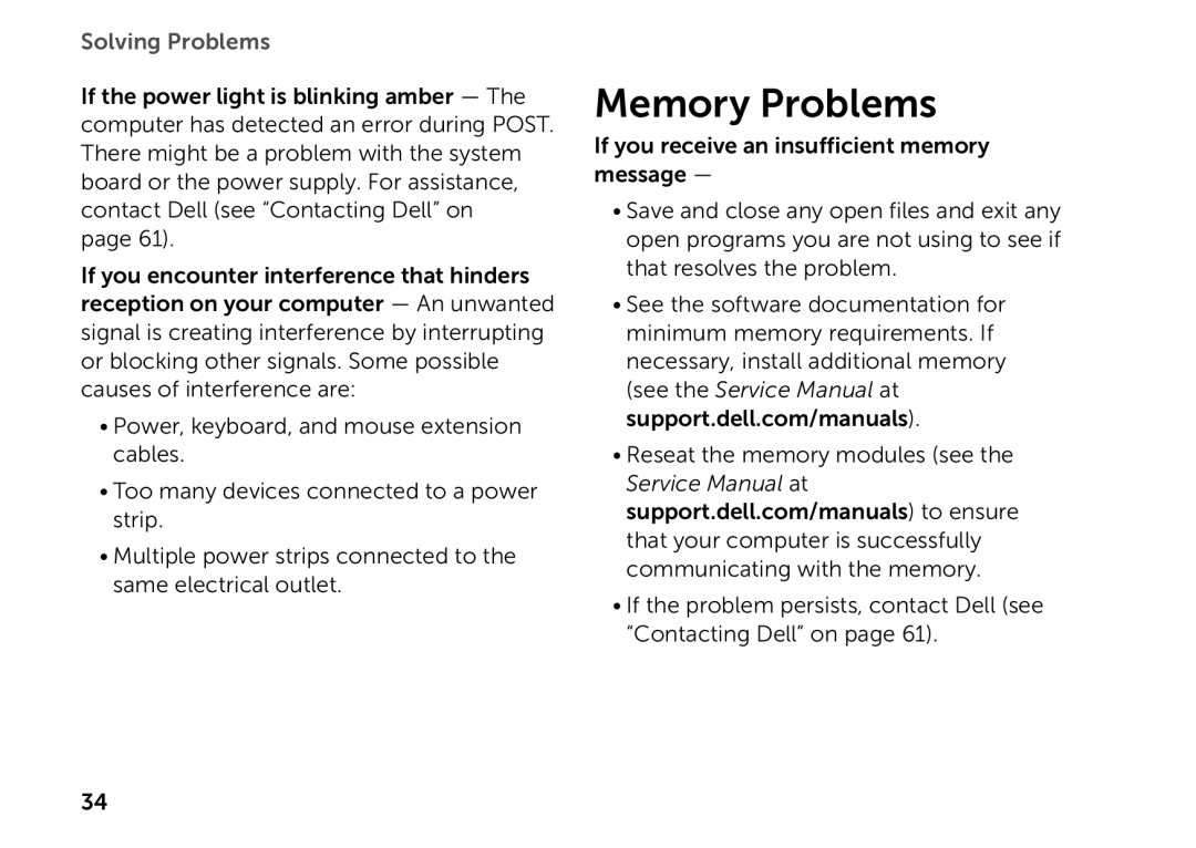 Dell D03M setup guide Memory Problems 