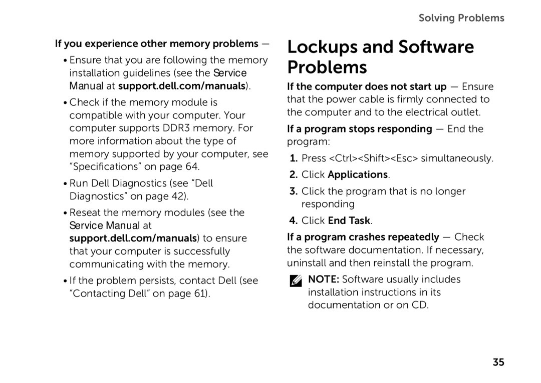 Dell D03M setup guide Lockups and Software Problems 