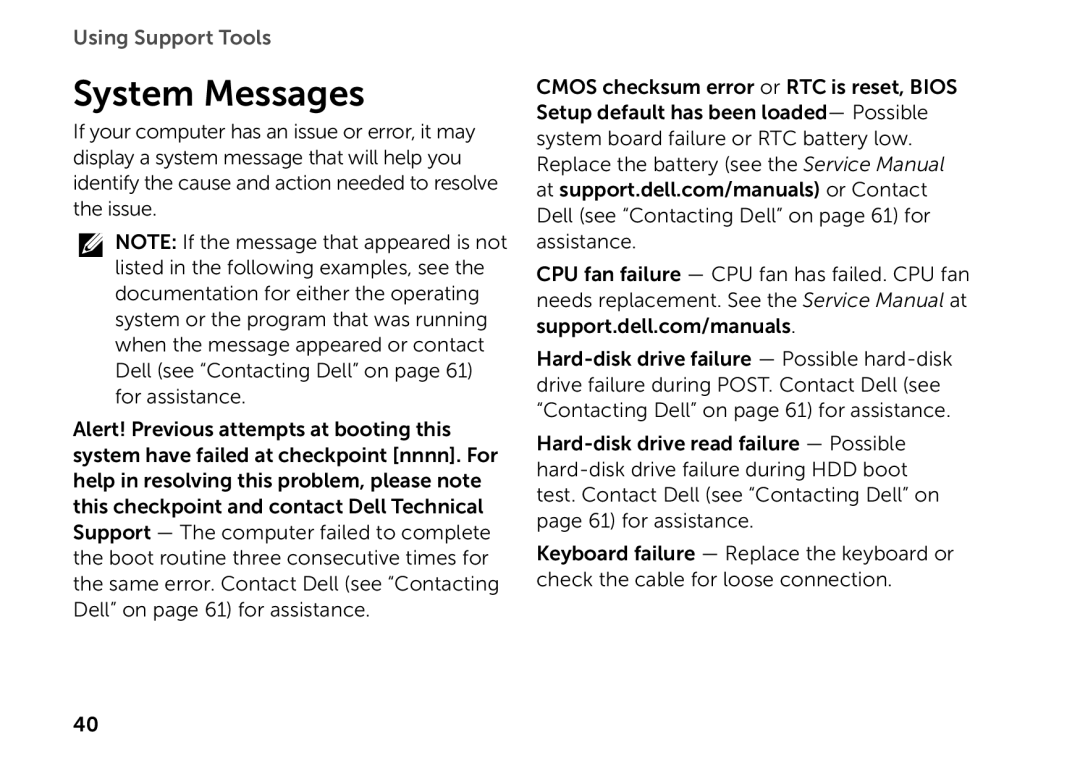 Dell D03M setup guide System Messages 