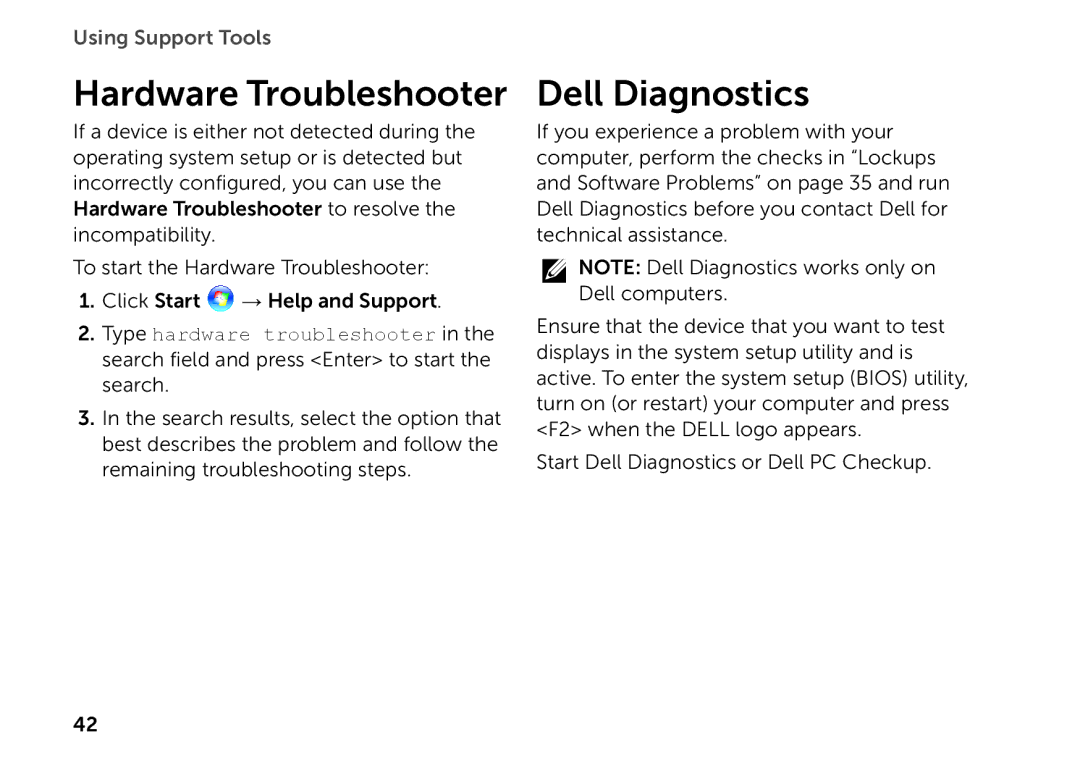 Dell D03M setup guide Hardware Troubleshooter, Dell Diagnostics 