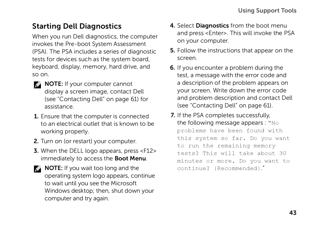 Dell D03M setup guide Starting Dell Diagnostics 