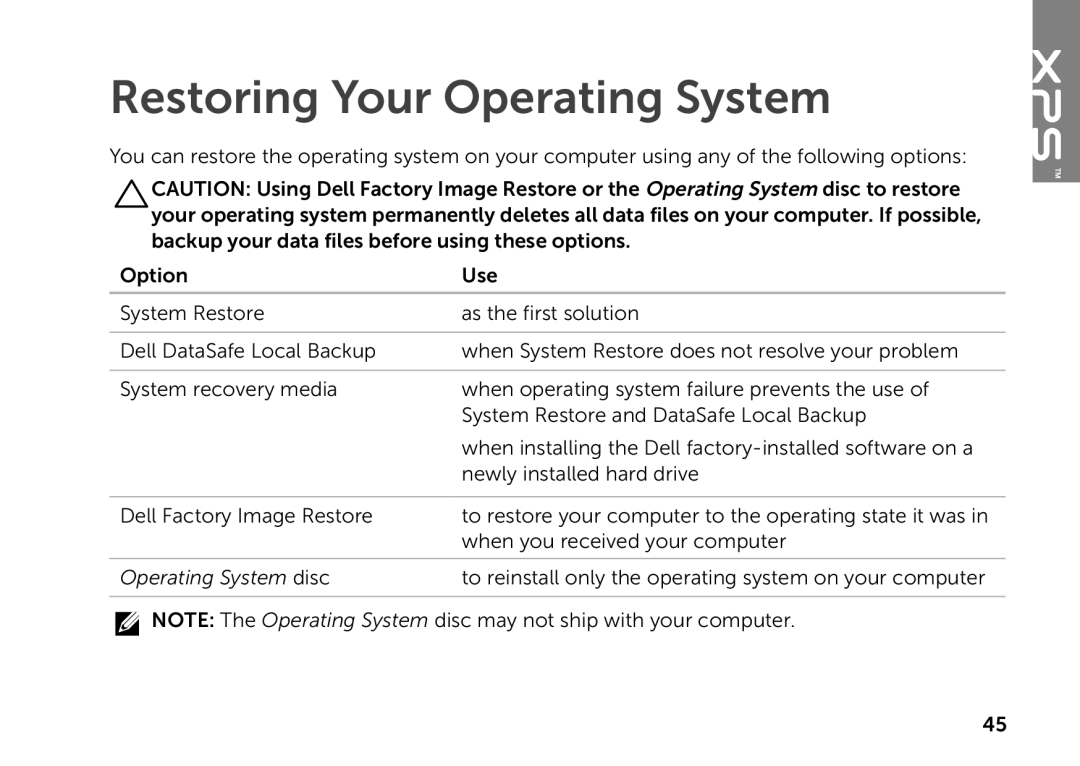 Dell D03M setup guide Restoring Your Operating System 