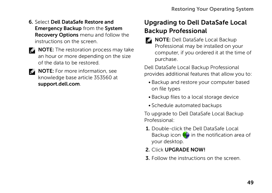 Dell D03M setup guide Upgrading to Dell DataSafe Local Backup Professional 