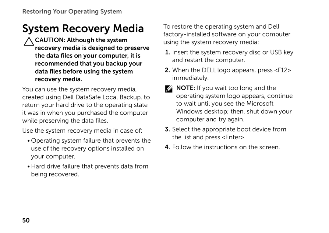 Dell D03M setup guide System Recovery Media 