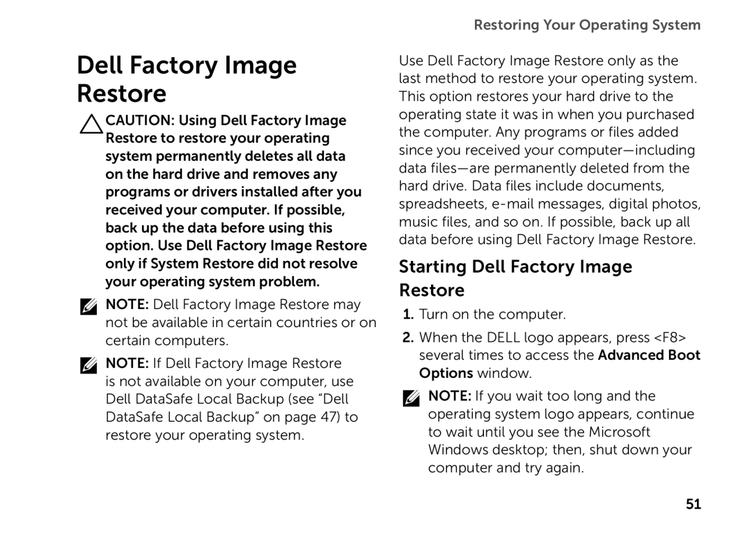 Dell D03M setup guide Starting Dell Factory Image Restore 