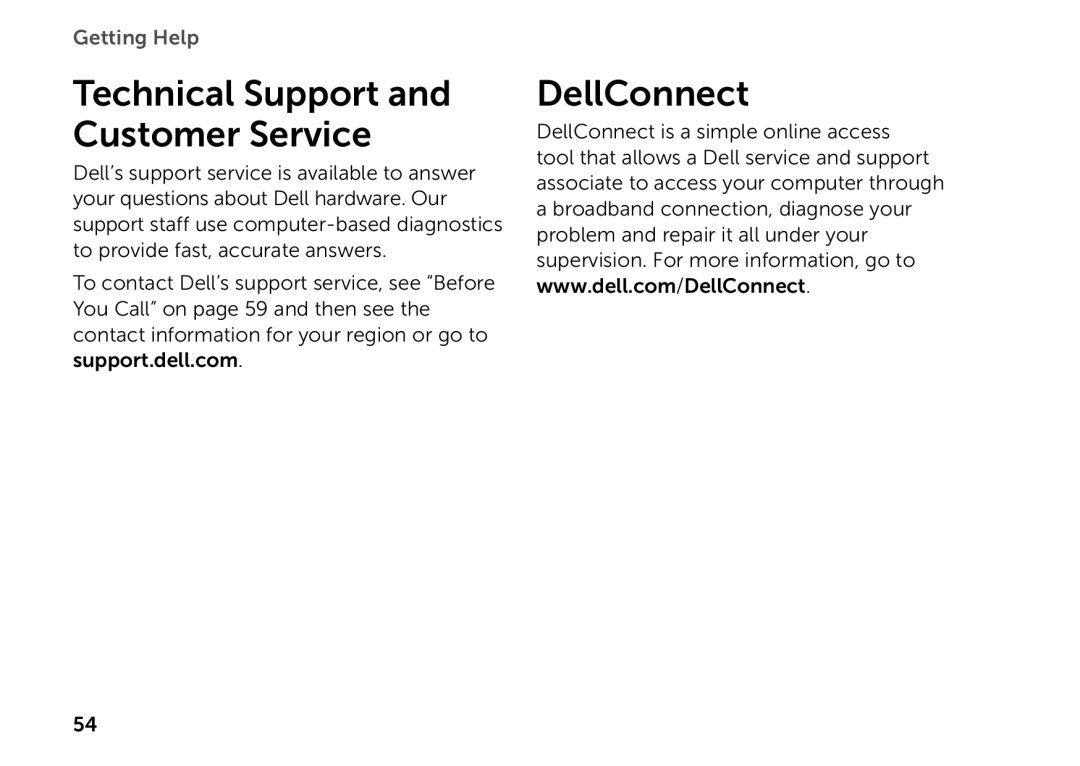 Dell D03M setup guide Technical Support and Customer Service, DellConnect 